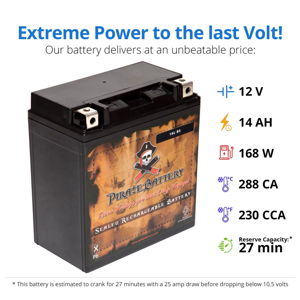 Pirate Battery Ytx16l-bs (16l-bs 12 Volts,14 Ah, 230 Cca) Jet Sizeki Battery for Yamaha Wave Runner 1993