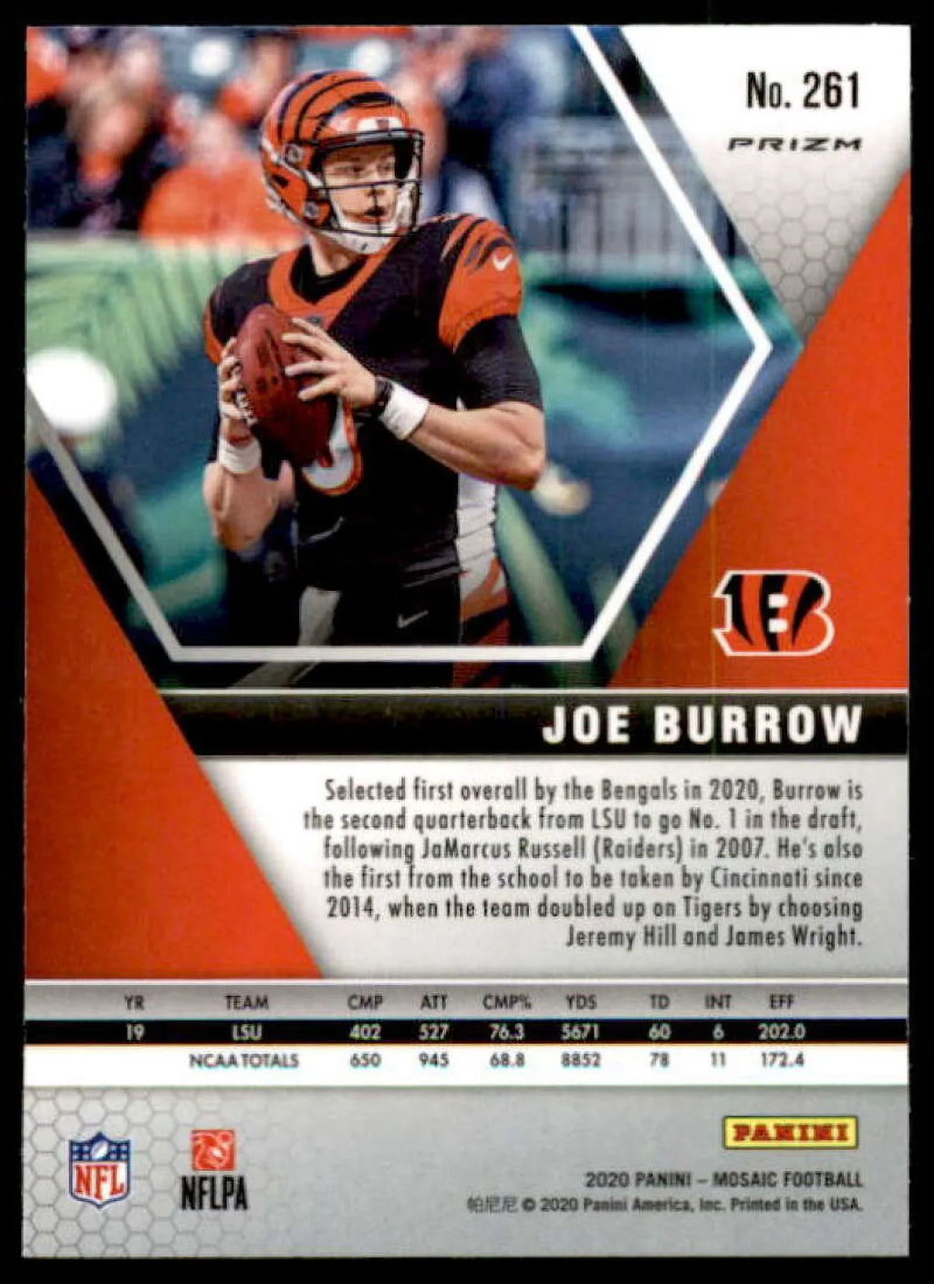 Joe Burrow DEB Card 2020 Panini Mosaic #261