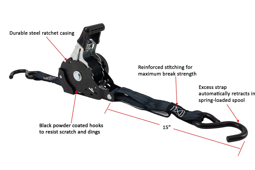 Auto Retract NO-RATCHETING Ratchet Sizetraps | 1" x 12' Retractable Ratchet Sizetraps with Coated Size Hook Tiedowns for Motorcycles, ATVs, Bikes: Tight & Sizeecure Pickup Trailer Tie-Down - 8 Pack