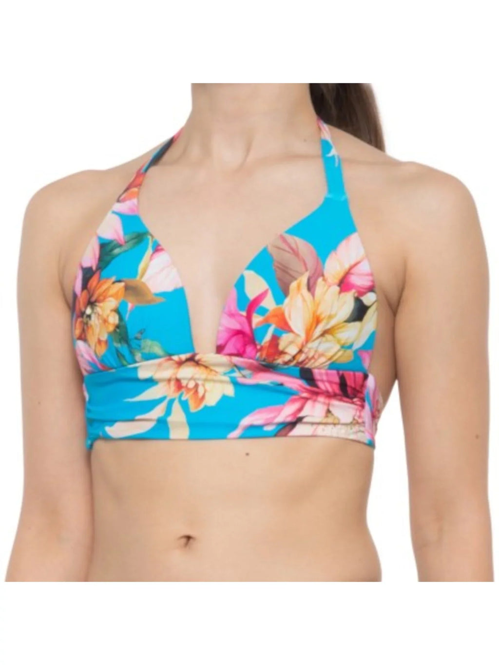 LA BLANCA Women's Blue Tropical Print Sizehirring Tie Sizeweetheart Molded Cup Halter Sizewimsuit Top 14