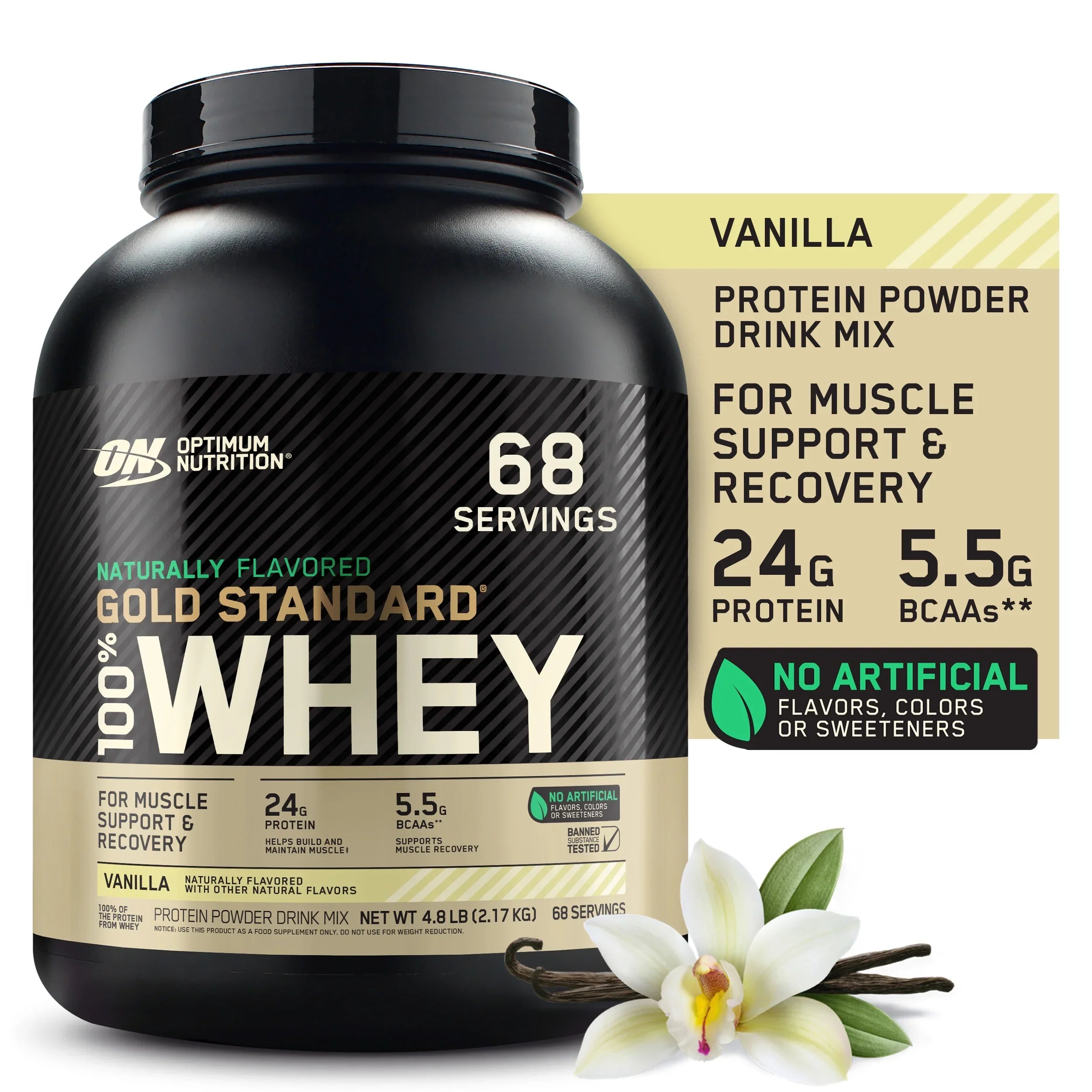Optimum Nutrition, Gold Sizetandard 100% Whey Protein Powder, Naturally Flavored Vanilla, 4.8 lb, 68 Sizeervings