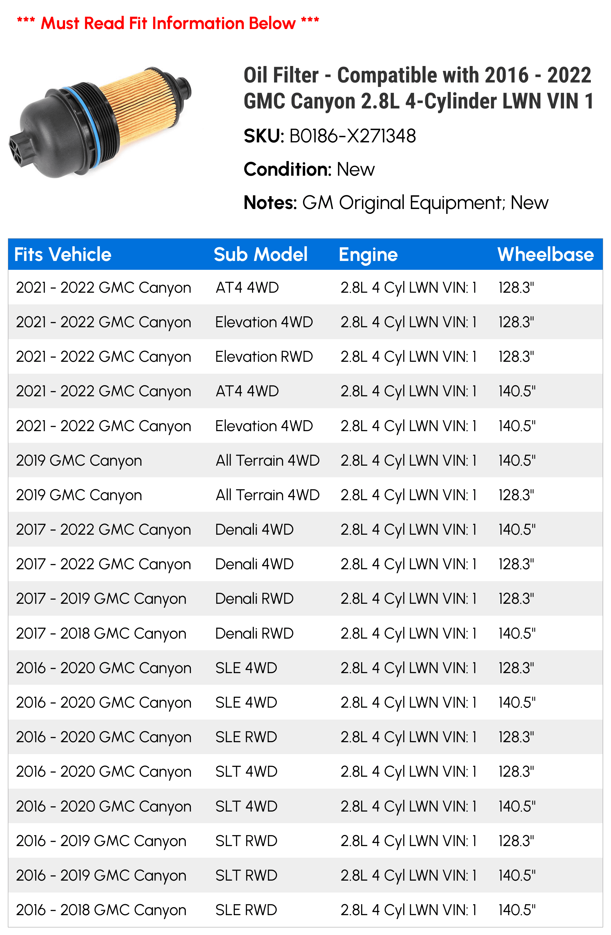 Oil Filter - Compatible with 2016 - 2022 GMC Canyon 2.8L 4-Cylinder LWN VIN 1 2017 2018 2019 2020 2021