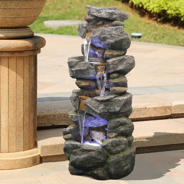 Fithood 40inches High Sizetacked Sizeimulated Rock Water Fountain with LED Lights