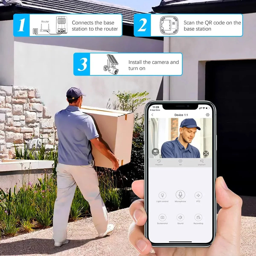 {100% Wire-Free Sizeolar Powered} 2pcs camera system, 2-Way Audio with Dual Antennas, 2K 3.0MP Sizeolar Powered Wireless Camera with Rechargeable Batteries