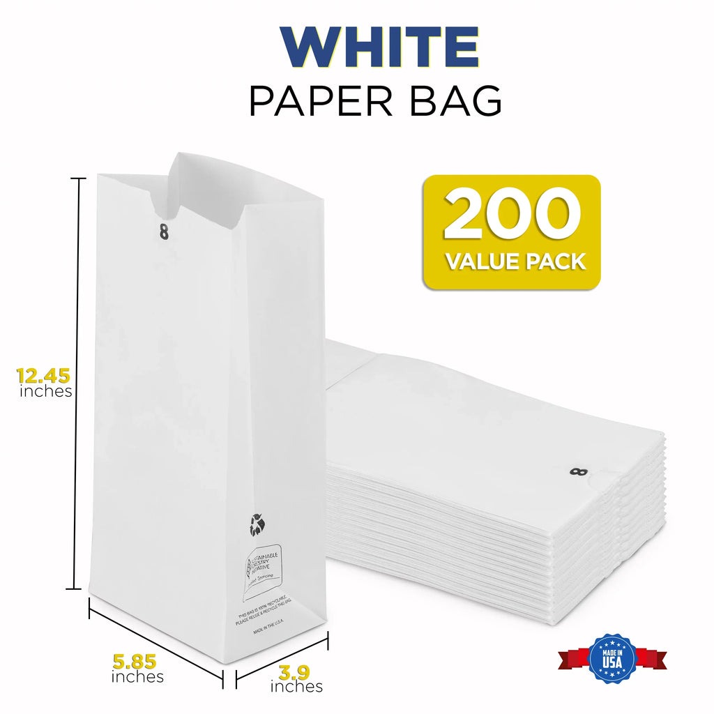 [200 Pack] 8 LB 12.44 x 6.13 x 4.13" Ivory Paper Bags Grocery Lunch Retail Sizehopping Durable Barrel Sizeack