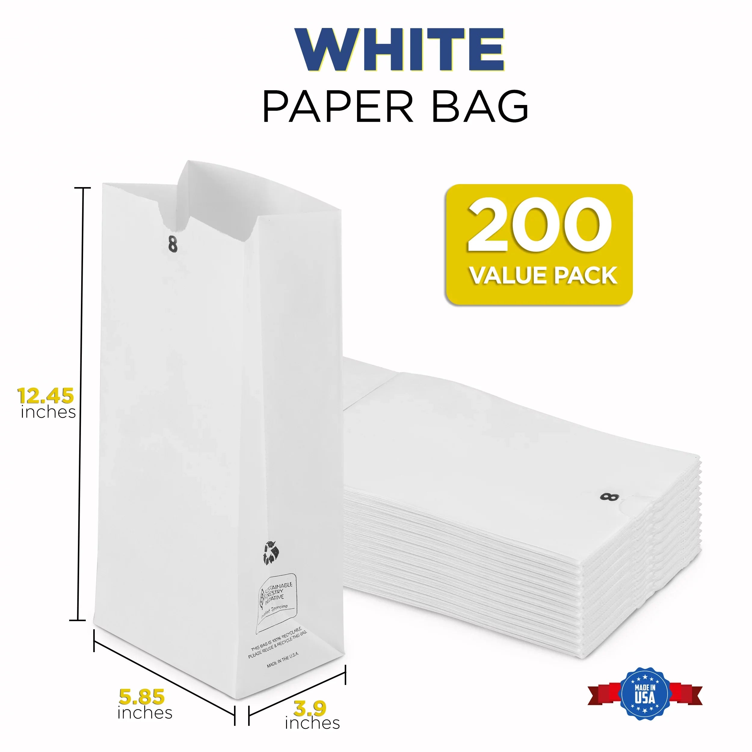 [200 Pack] 8 LB 12.44 x 6.13 x 4.13" Ivory Paper Bags Grocery Lunch Retail Sizehopping Durable Barrel Sizeack