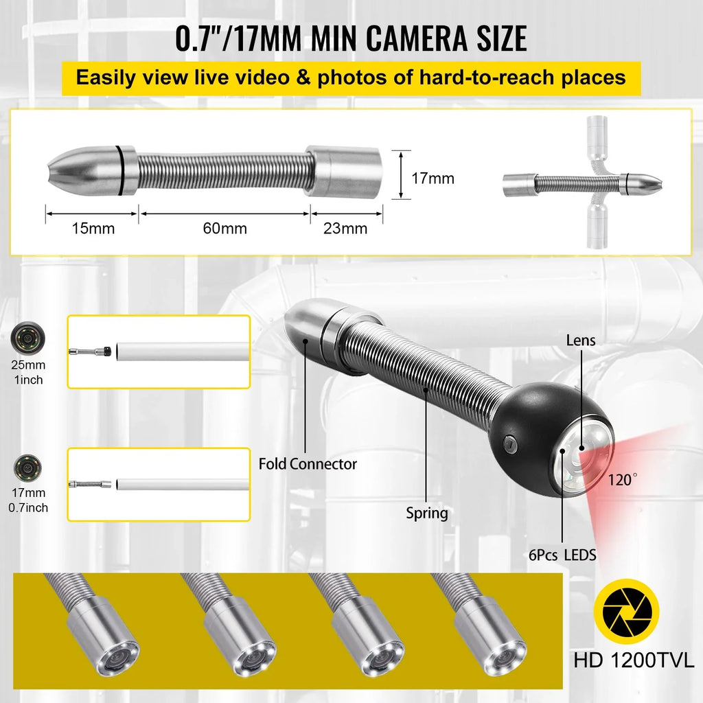 VEVOR Sizeewer Camera - 98.4 FT Cable, 4.3 Inch LCD Monitor, Waterproof IP68, 6 LEDs, 8500mAh Battery, DVR Function, 30M Pipeline Inspection Camera