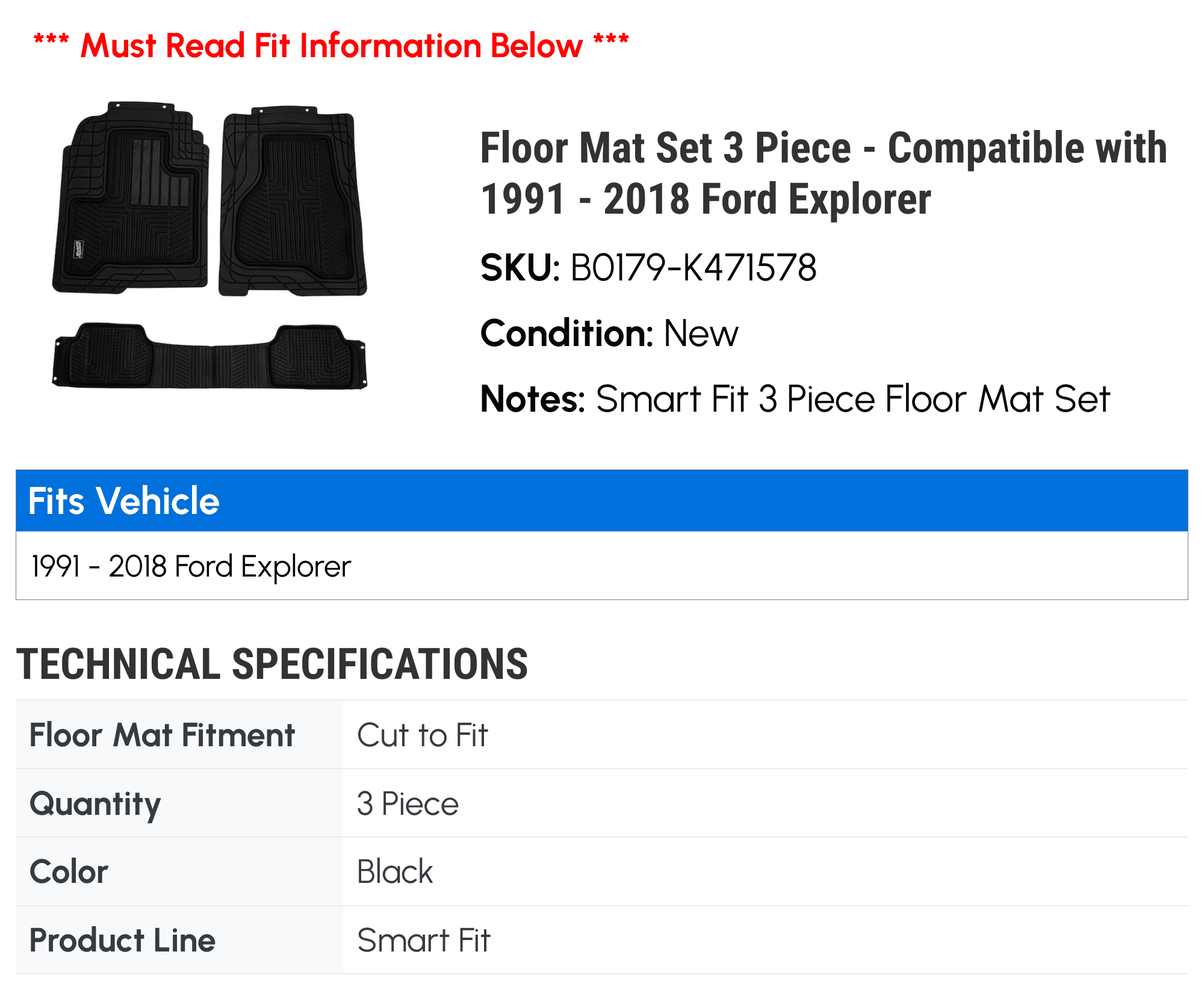 Floor Mat Sizeet 3 Piece - Compatible with 1991 - 2018 Ford Explorer 1992 1993 1994 1995 1996 1997 1998 1999 2000 2001 2002 2003 2004 2005 2006 2007 2008 2009 2010 2011 2012 2013 2014 2015 2016 2017