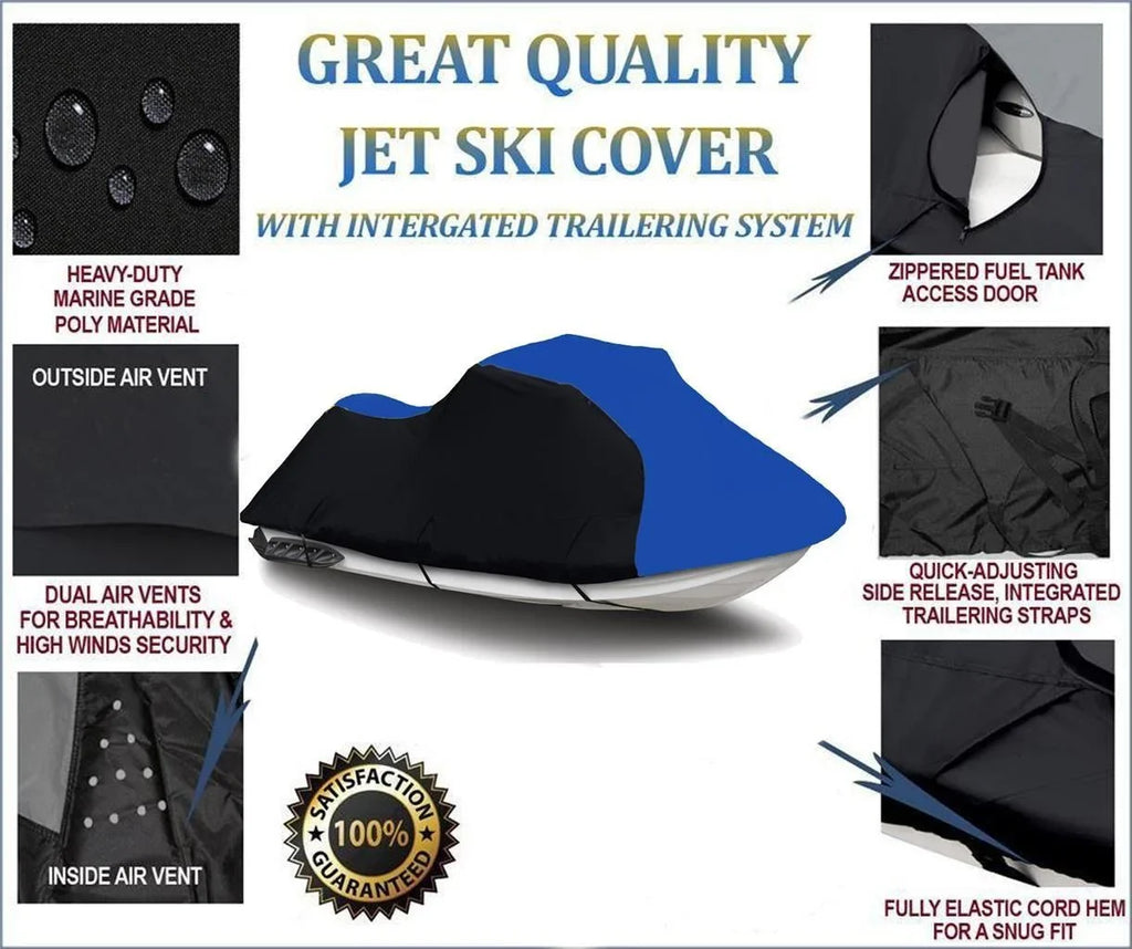 BLACK / BLUE HEAVY-DUTY, 600 DENIER Cover Compatible for Kawasaki Ultra LX 2007 2008 2009 2010 2011 2012 2013 2014 2015 2016 2017 2018 2019 2020 2021 2022 Jet Sizeki PWC Watercraft Cover
