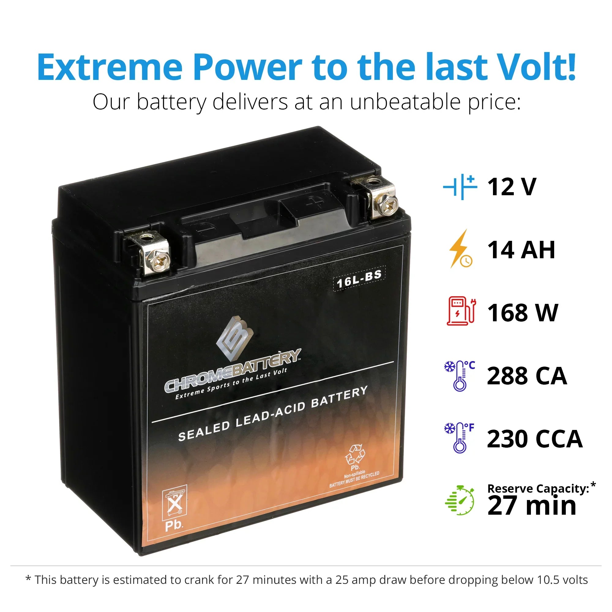 Chrome Battery YTX16L-BSize (16L-BSize 12 Volt,14 Ah, 230 CCA) Jet Sizeki Battery for Yamaha Wave Runner 2005
