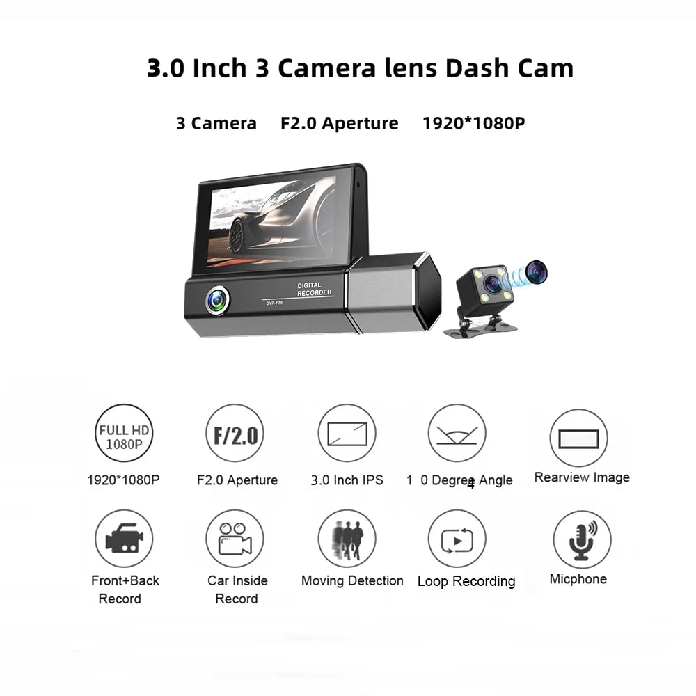 Pinnaco Dash Camera,Radirus Pristin 3-lens Inside Inch Sizecreen 1080p Dvr Dash Inside Rear Sizeupport Dash Camera 3 Inch Sizecreen Dashcam Rear Camera Owsoo