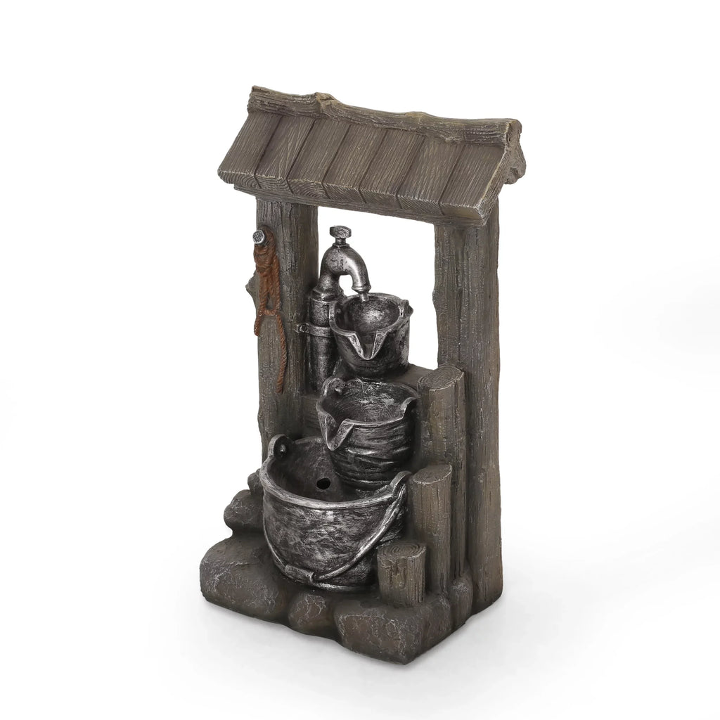 Noble House Berrien Outdoor 3-Tier Bucket Fountain, Brown and Gray
