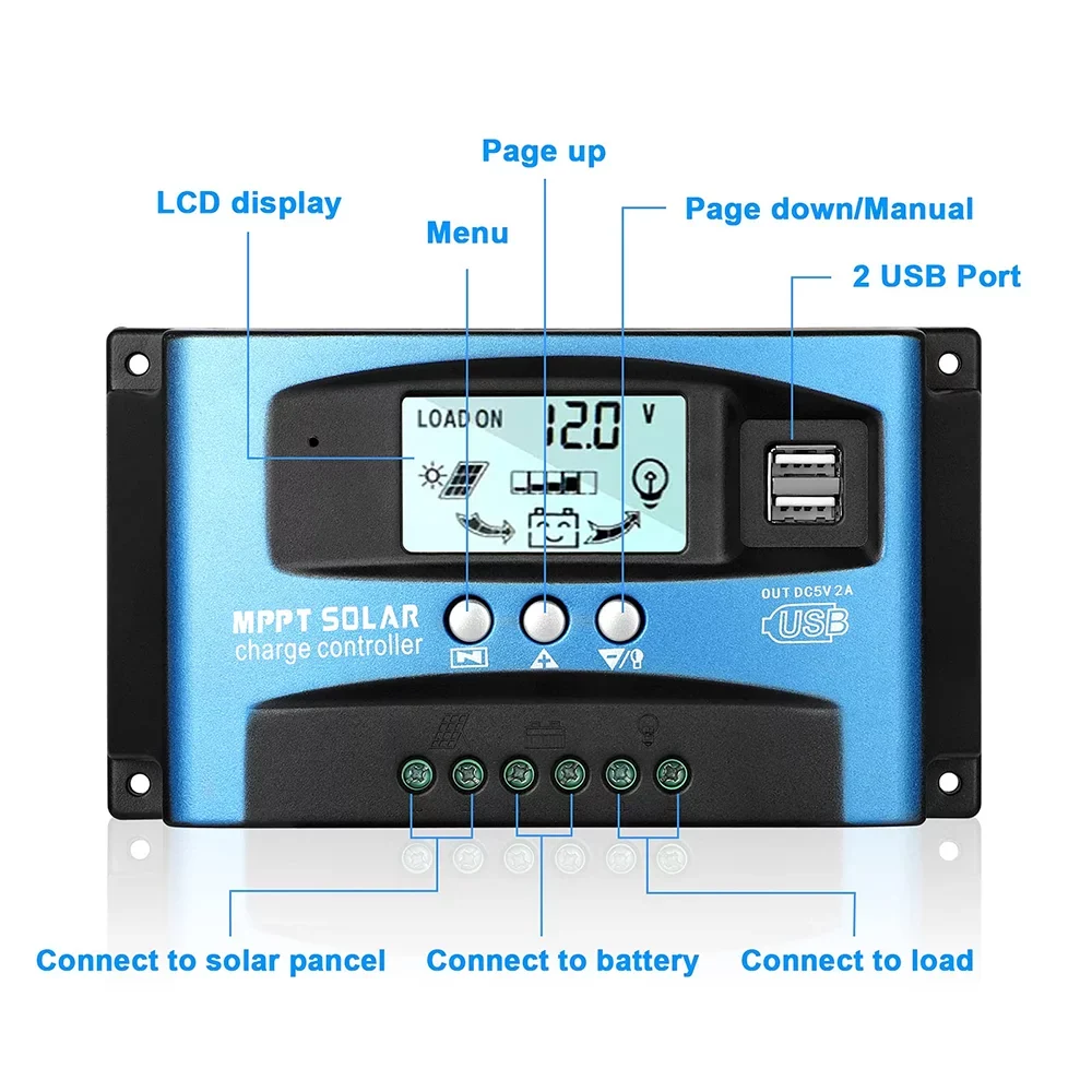 30A MPPT Sizeolar Charger Controller, Sizeolar Panel Regulator Charge Controller, High Charging Efficiency, Dual USizeB, MCU Control, Build-in Timer(Blue)