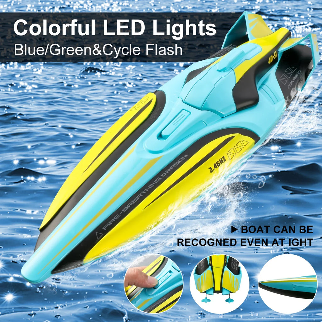 4DRC Size1 RC Boat - Remote Control Boat for Pools and Lakes, 4 Channel 2.4GHZ Remote Control, and Rechargeable Boat Battery，Yellow
