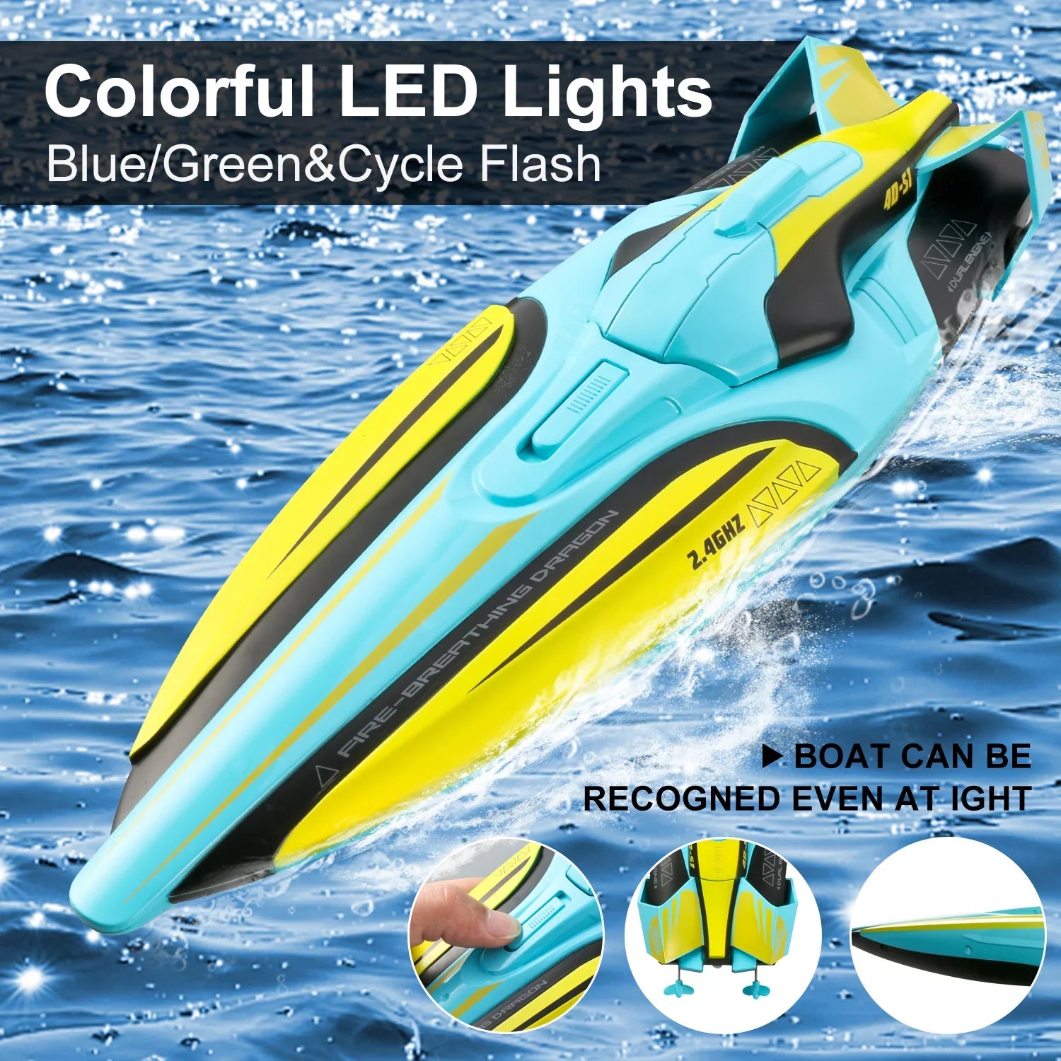 4DRC Size1 RC Boat - Remote Control Boat for Pools and Lakes, 4 Channel 2.4GHZ Remote Control, and Rechargeable Boat Battery，Yellow