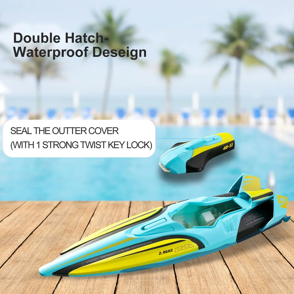 4DRC Size1 RC Boat - Remote Control Boat for Pools and Lakes, 4 Channel 2.4GHZ Remote Control, and Rechargeable Boat Battery，Yellow