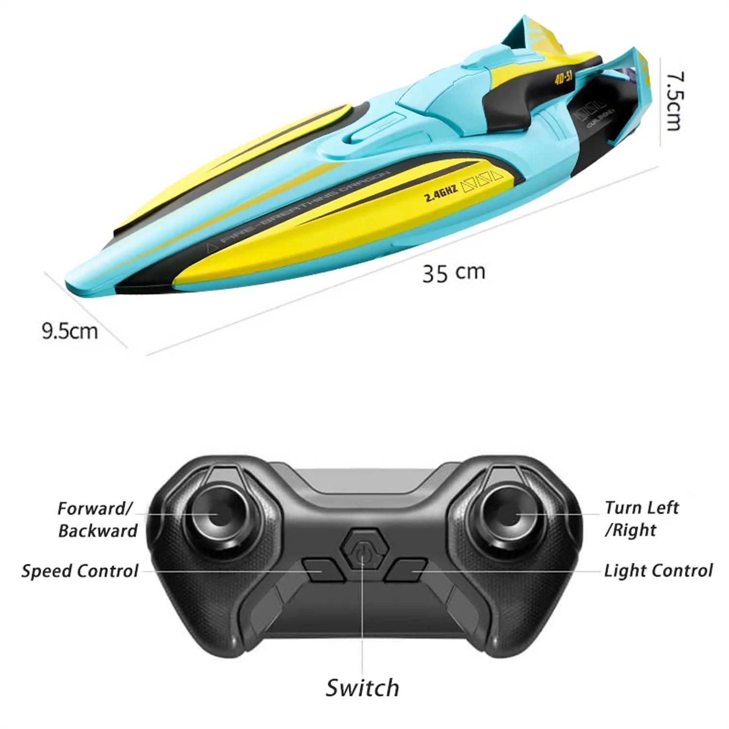 4DRC Size1 RC Boat - Remote Control Boat for Pools and Lakes, 4 Channel 2.4GHZ Remote Control, and Rechargeable Boat Battery，Yellow