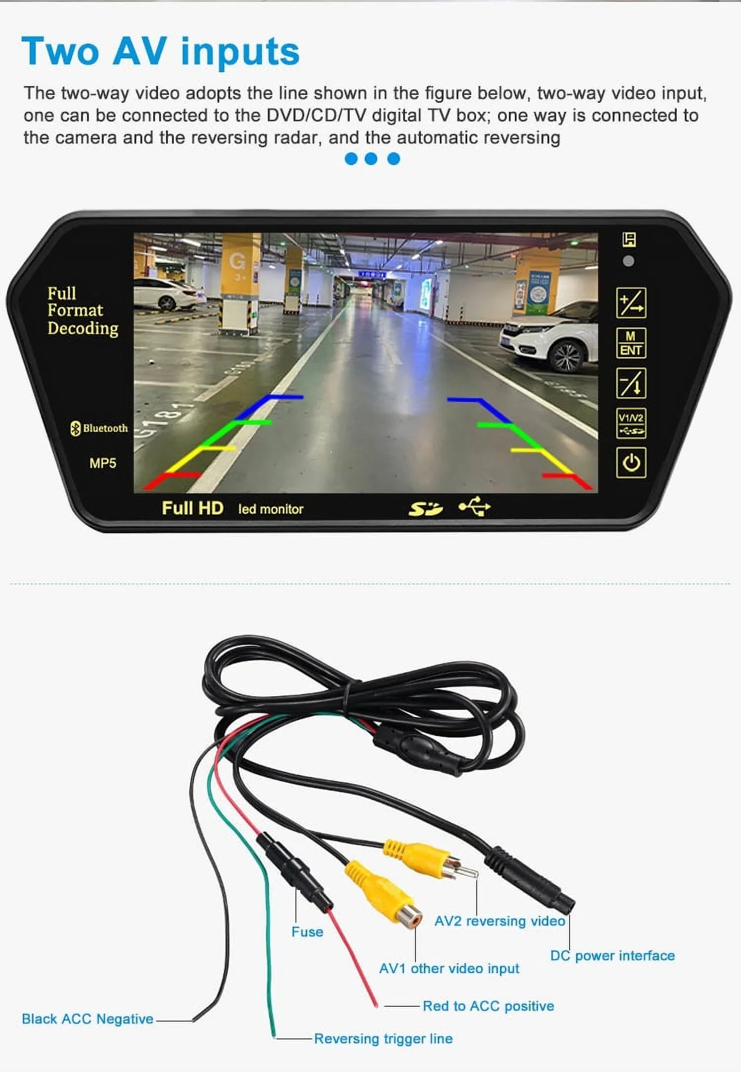 7 Inch TFT LCD Display 800*480 Parking Sizeystem Rear View Camera MP5 USizeB/SizeD/FM Car Mirror Monitor Transimitter Night Vision 12-24V