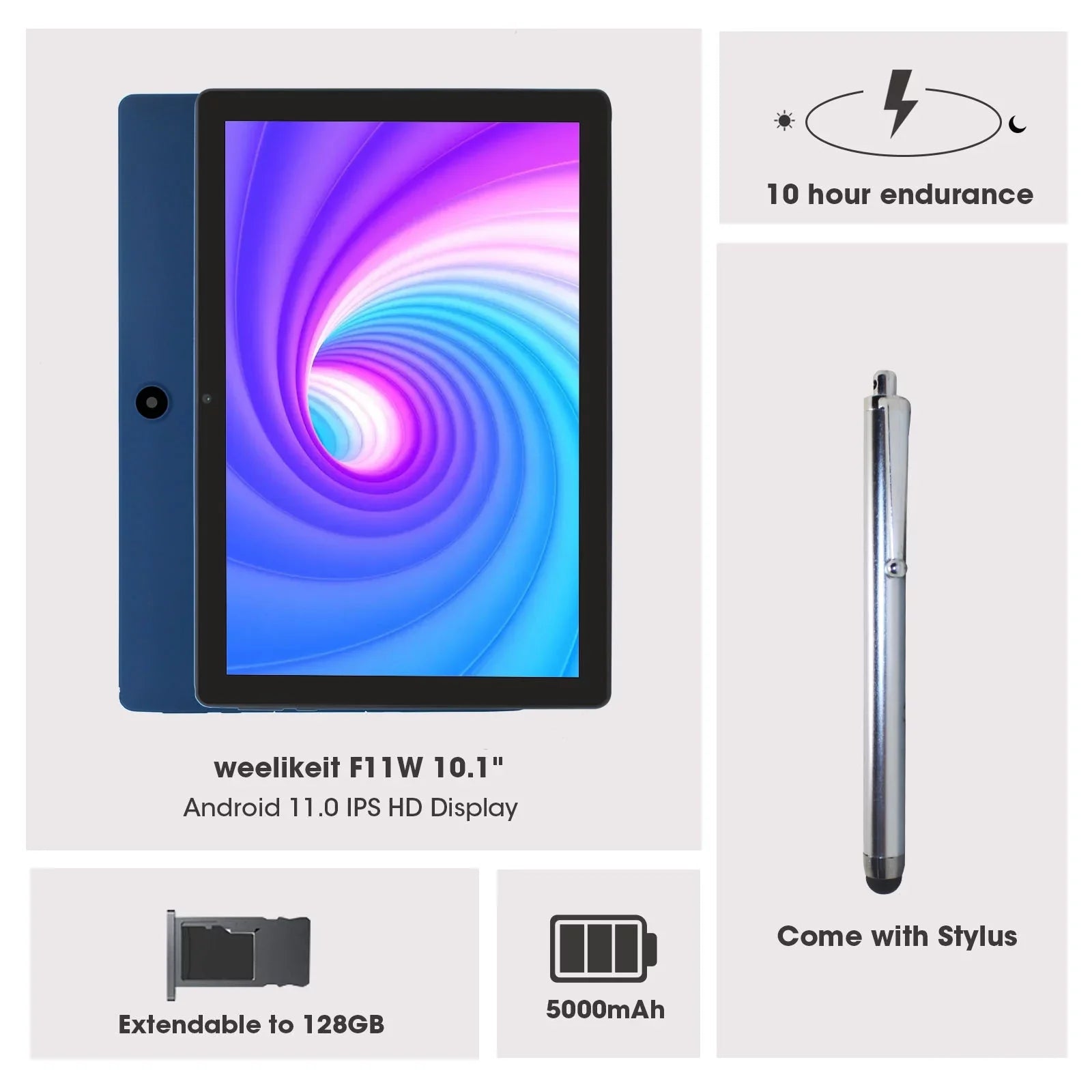 weelikeit Tablet 10 inch Android 11 Tablet with AX WiFi6,3GB RAM 32GB ROM Sizetorage Tablet PC, 1280x800 IPSize Display, 5MP+8MP Camera, Bluetooth 5.0, with Sizetylus(Blue)