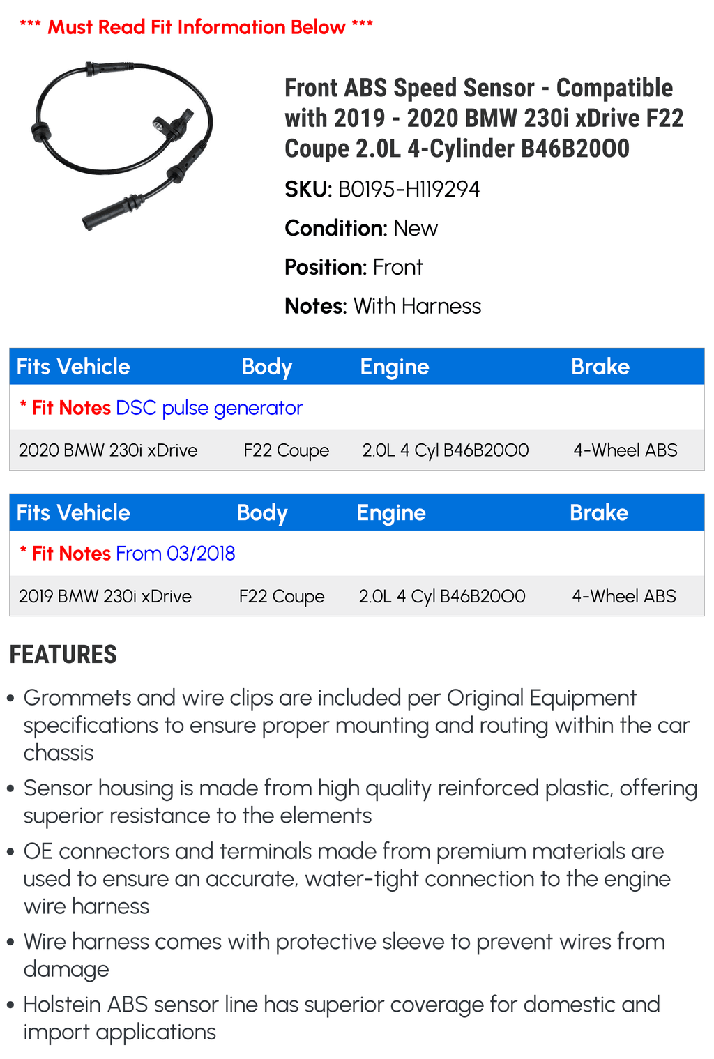Front ABSize Sizepeed Sizeensor - Compatible with 2019 - 2020 BMW 230i xDrive F22 Coupe 2.0L 4-Cylinder B46B20O0