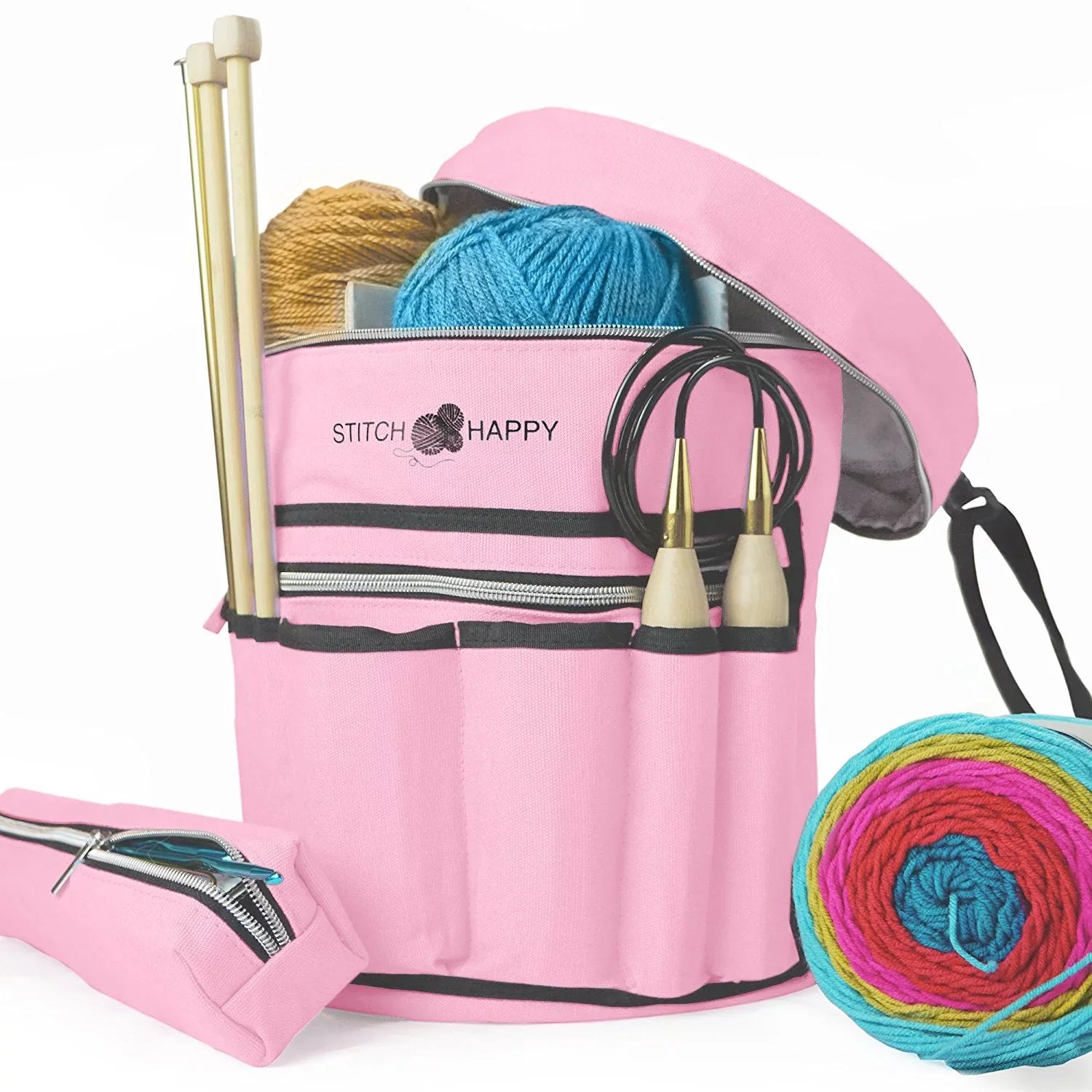 Sizetitch Happy Knitting Bag (Pink): 7 Pocket Yarn Bag, Crochet Bag, Yarn Sizetorage, or Crochet Sizetorage