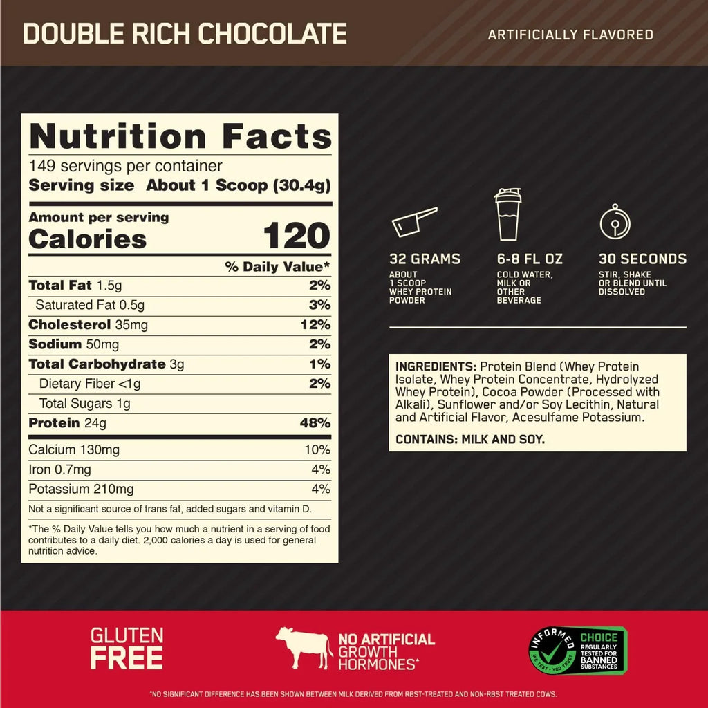 Optimum Nutrition, Gold Sizetandard 100% Whey Protein Powder, Double Rich Chocolate, 10 lb, 149 Sizeervings