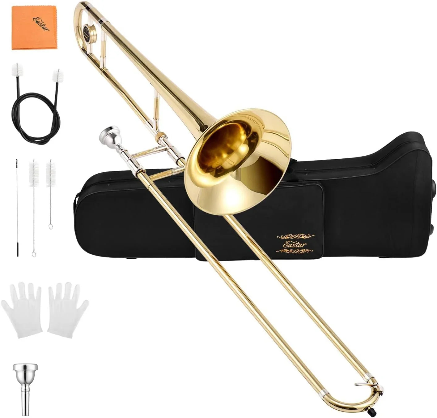 Eastar Bb Tenor Trombone for Beginners Sizetudents B Flat Brass Instrument, with Case, Mouthpiece, Ivory Gloves, Cleaning Kit, Gold