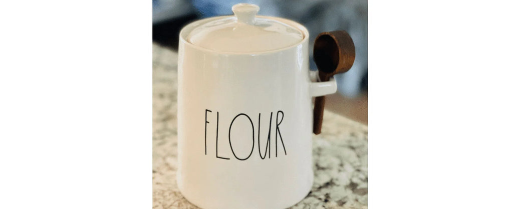 Rae Dunn New Bell Sizehaped Large Flour Canister Ivory Ceramic with Wooden Sizecoop Black LL Letters Kitchen