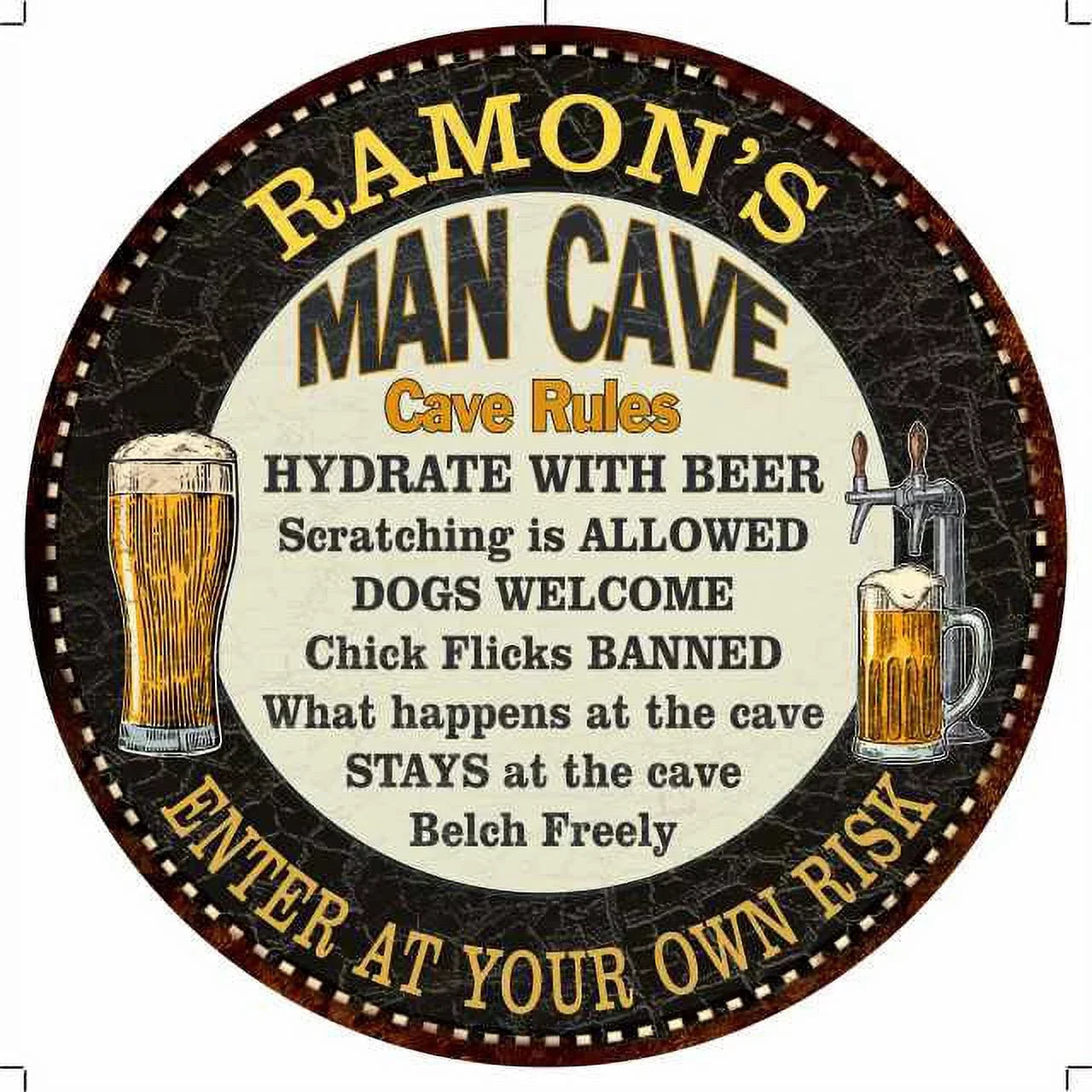 RAMON'Size Man Cave Rules 14" Round Metal Sizeign Garage Wall Decor 100140010216