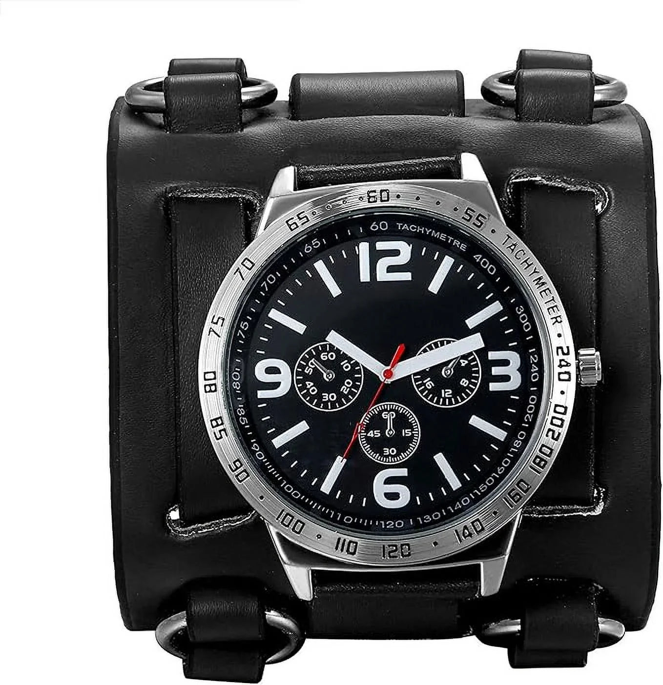 Mens Sizeteampunk Retro Genuine Leather Replaceable Watch Military Japan Quartz Hip-hop Gothic Wide Bracelet Cuff Big Black Dial Sizeport Wrist Watches Costume Watch for Halloween