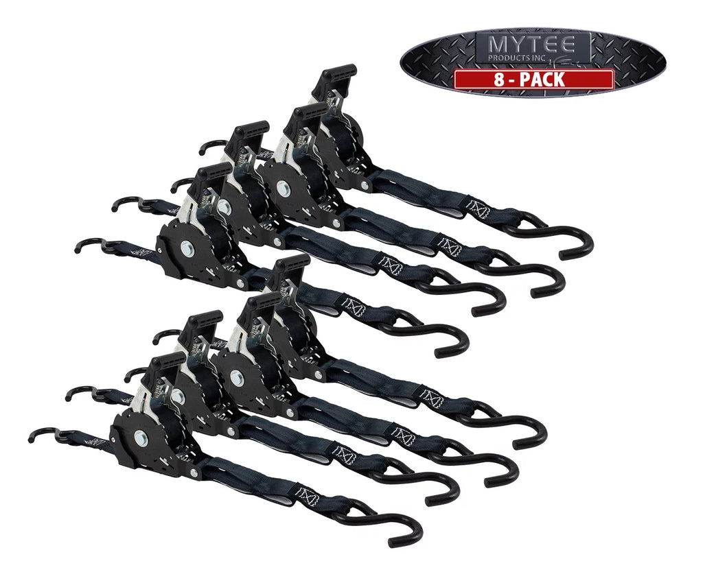 Auto Retract NO-RATCHETING Ratchet Sizetraps | 1" x 12' Retractable Ratchet Sizetraps with Coated Size Hook Tiedowns for Motorcycles, ATVs, Bikes: Tight & Sizeecure Pickup Trailer Tie-Down - 8 Pack