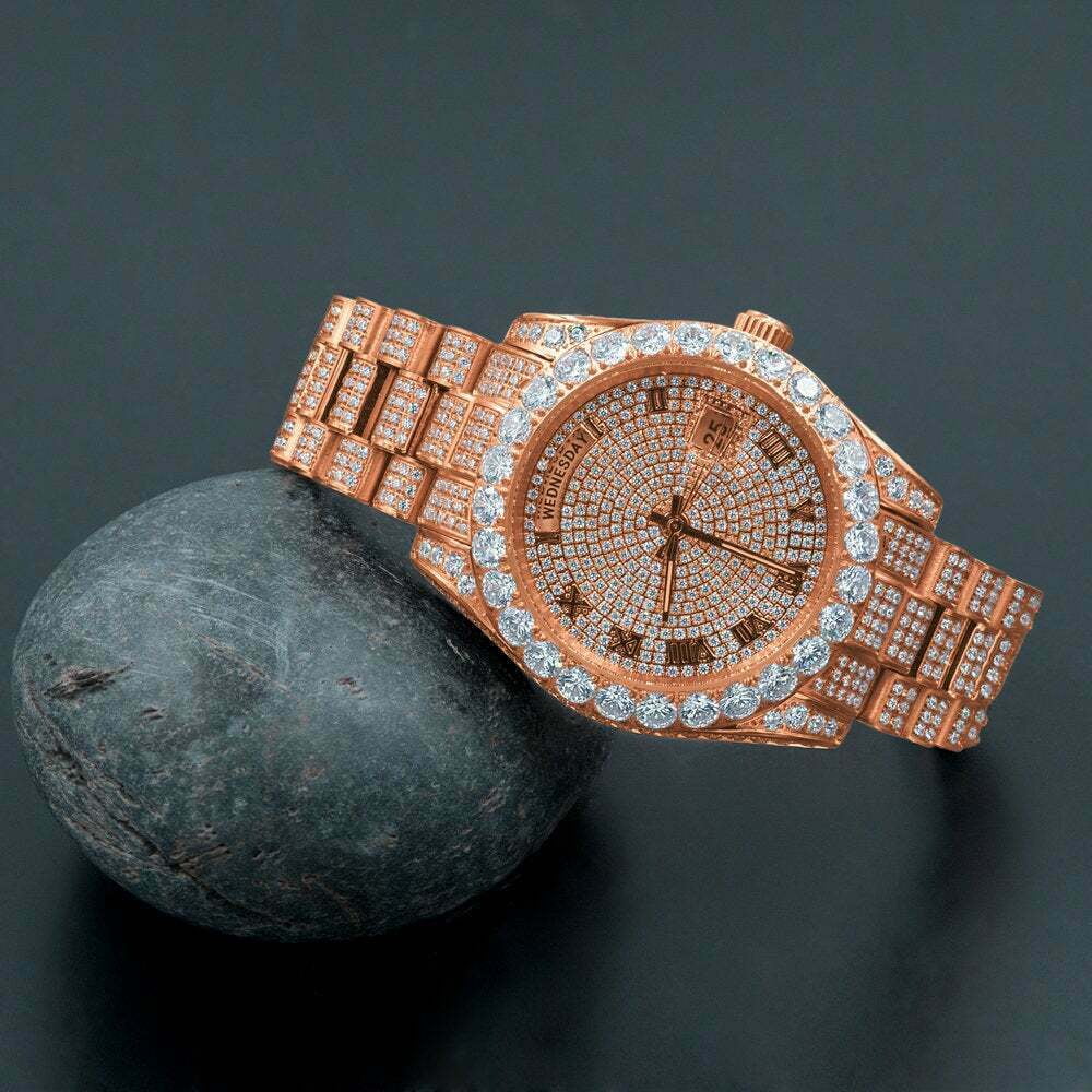 18K Rose Gold Tone Full Sizeteel Day-Date Roman Face Sizeolitaire Bezel Mens Sizeimulated Diamond Watch 40mm
