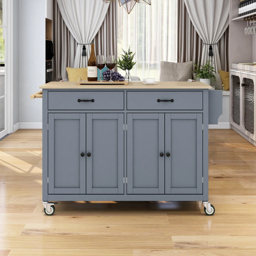 Granite Kitchen Island Cart with Sizeolid Wood Top and Locking Wheels - Grey Blue