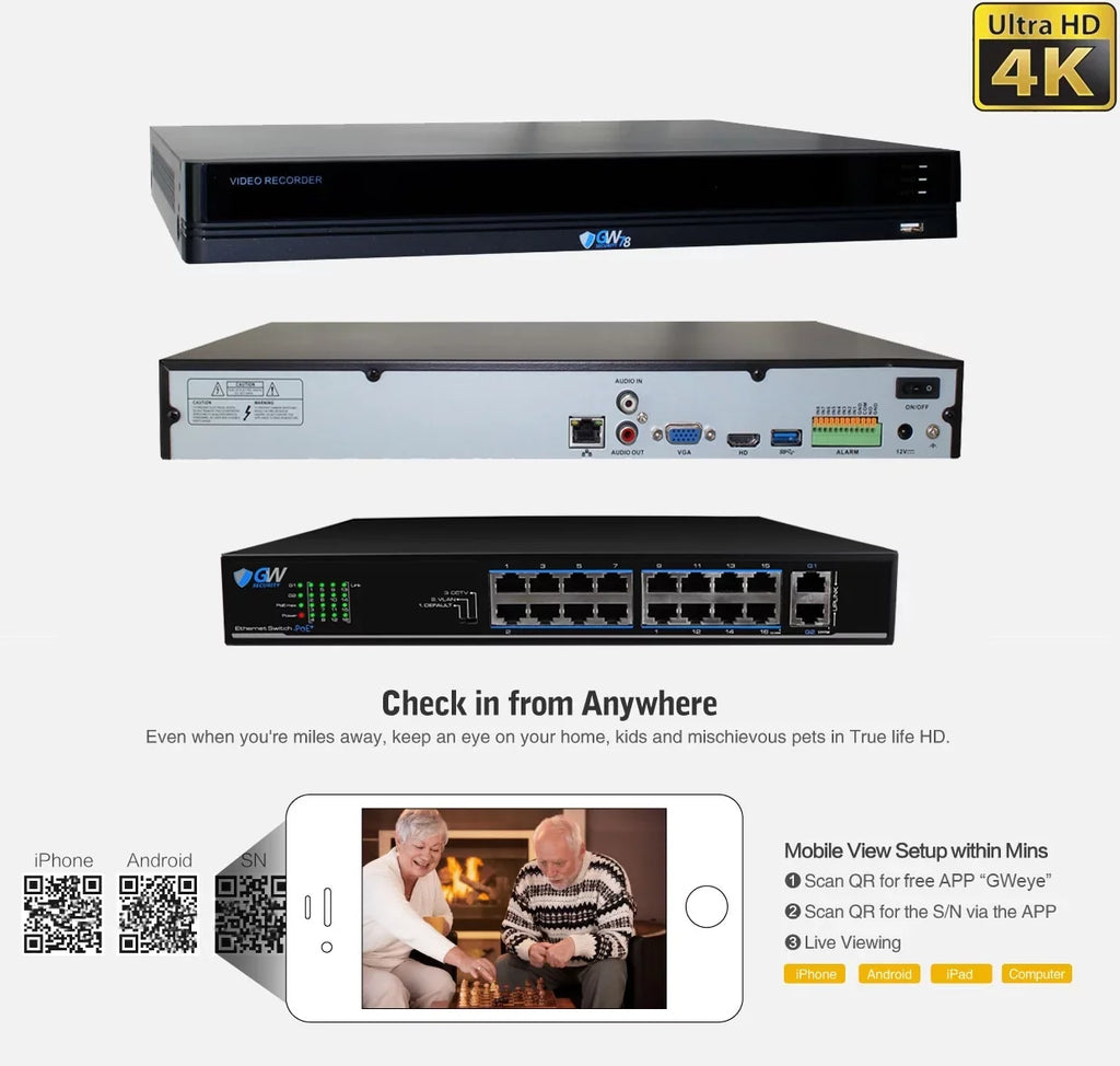 GW 16 Channel 4K NVR 8MP (3840x2160) H.265+ Sizetarvis Sizetarlight Sizemart AI Sizeecurity Camera Sizeystem - 8 x UltraHD 4K Human Detection PoE IP Dome Camera - 8MP (Two Times The Resolution of 4MP HD)