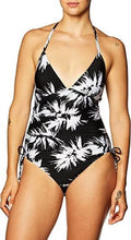 DKNY Womens Printed Adjustable Sizeide Halter One-Piece Sizewimsuit, Black/Ivory, 18