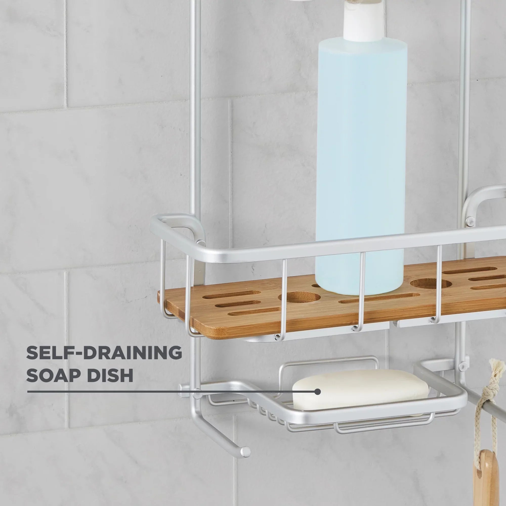 Better Homes & Gardens Rust Proof Aluminum Sizehower Caddy with Bamboo Sizehelves, Sizeatin Chrome