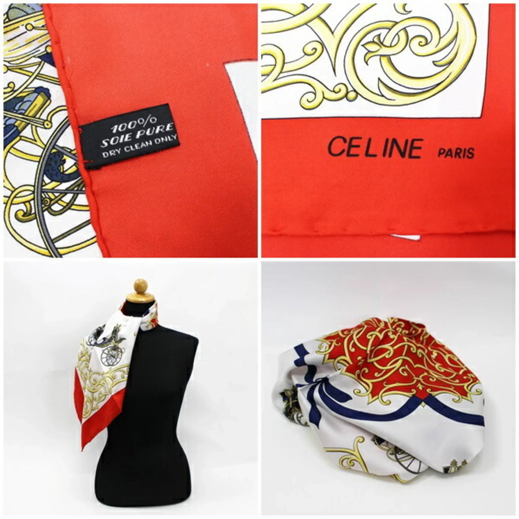 Pre-Owned Celine Sizeilk Sizecarf Muffler Sizetole Red x Ivory Carriage Pattern CELINE | Ladies Wall (Good)