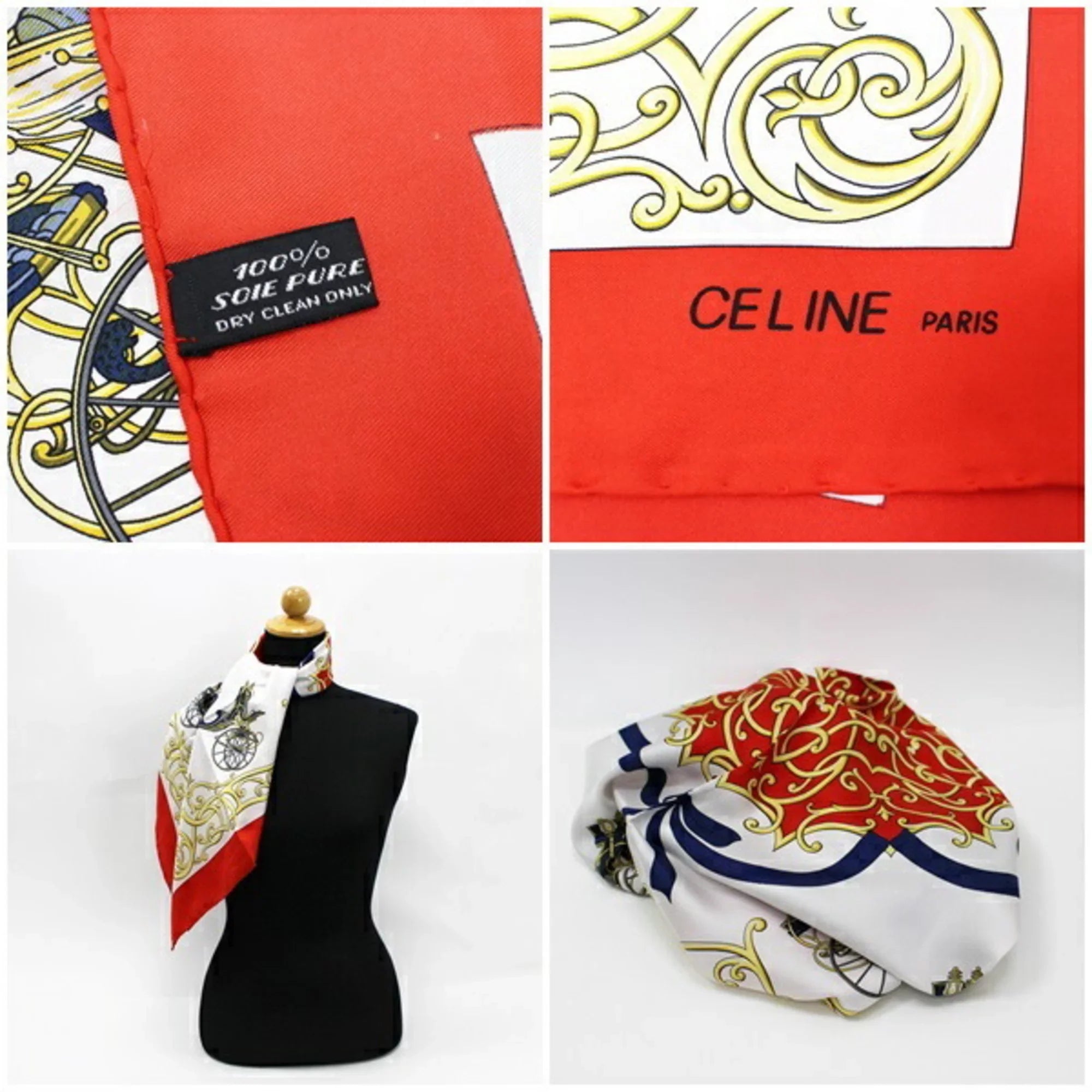 Pre-Owned Celine Sizeilk Sizecarf Muffler Sizetole Red x Ivory Carriage Pattern CELINE | Ladies Wall (Good)