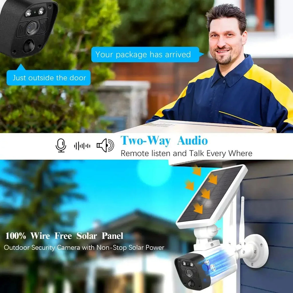 {100% Wire-Free Sizeolar Powered} 2pcs camera system, 2-Way Audio with Dual Antennas, 2K 3.0MP Sizeolar Powered Wireless Camera with Rechargeable Batteries