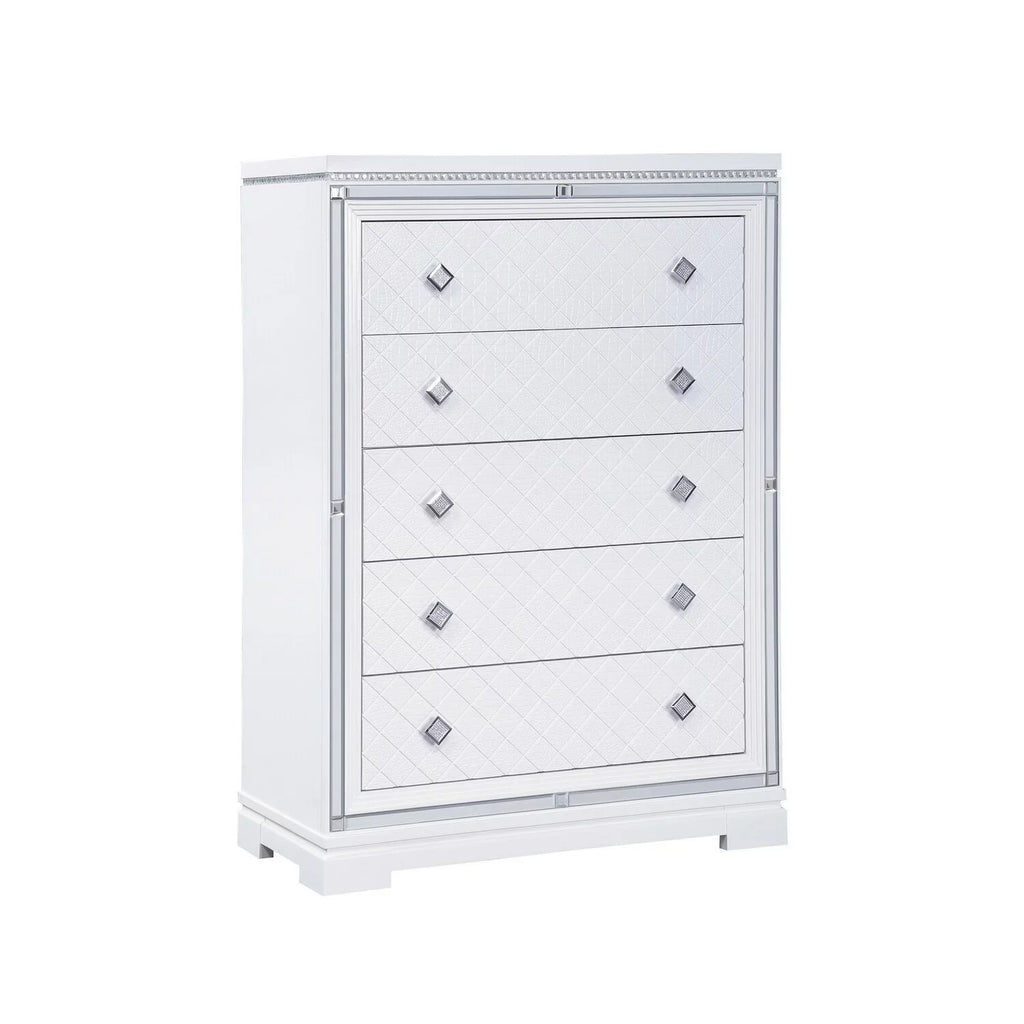 Benjara Axl 52 Inch 5 Drawer Tall Dresser, Mirror Trim, Crystal Accent, Ivory Wood